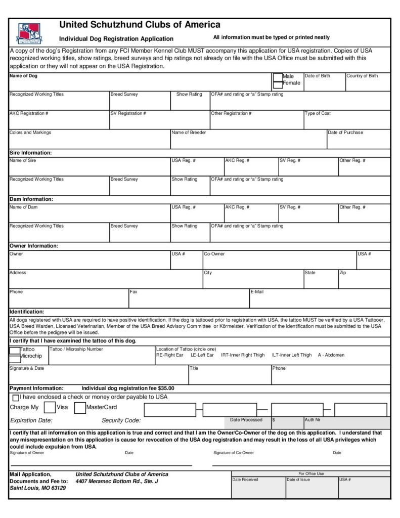 USCA Individual Dog Registration Application United Schutzhund Clubs
